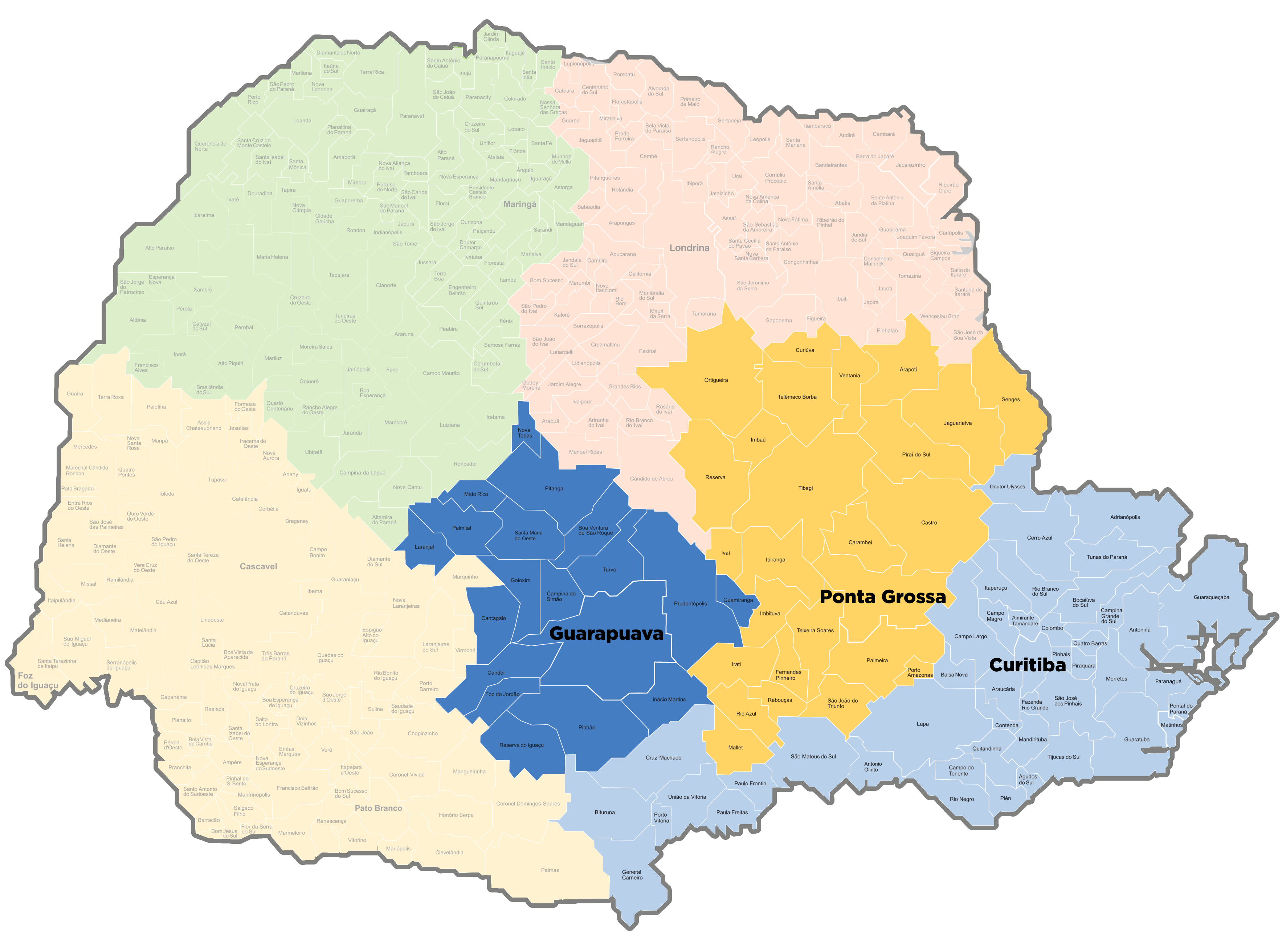 Mapa do Paraná com as Regiões alcançadas na 1.ª etapa do POLIS